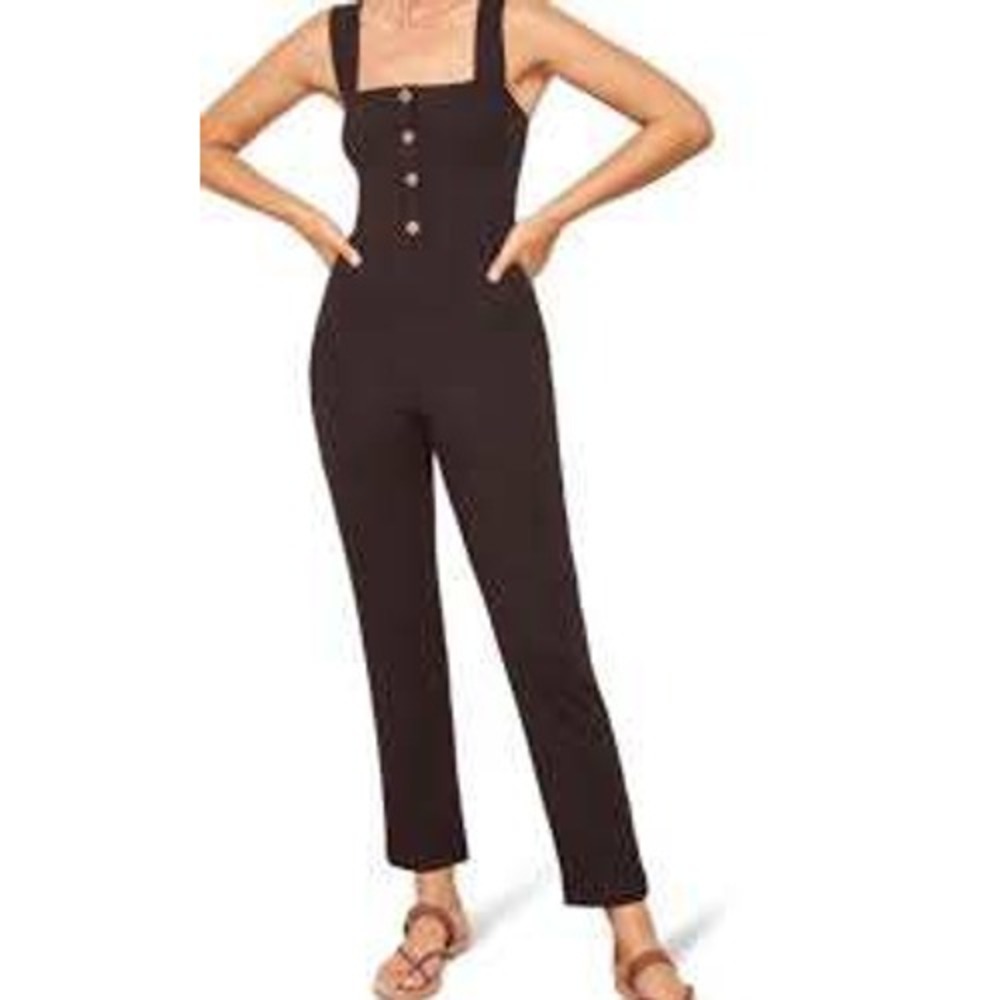 Reformation Jeans Black Ribbed Knit Button Front Sleeveless Jumpsuit Size Small